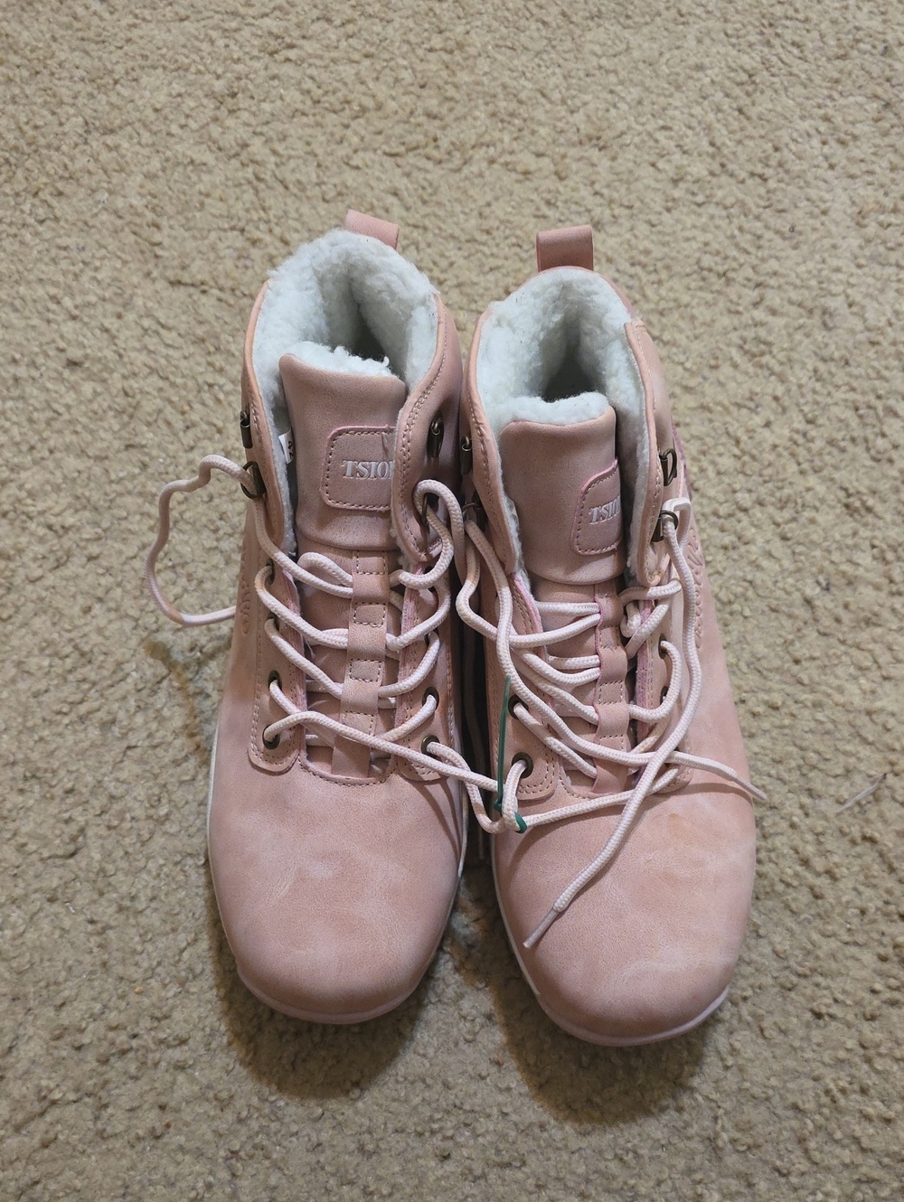 Tsiodfo Women's Pink Lace-Up Sherpa Ankle Boots